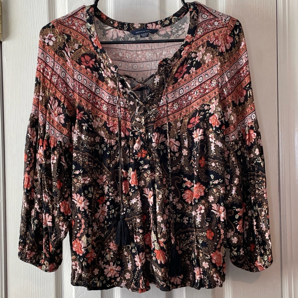 American Eagle XS Floral Corset Tie Peasant‎ Blouse